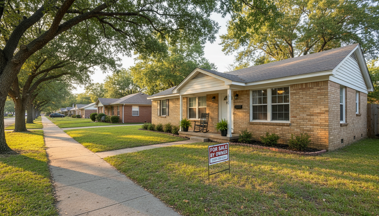 Wide-angle view of a modest house exterior with a sale sign and quiet sidewalk