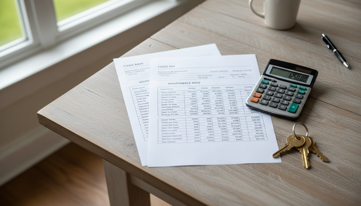 Overhead view of a homebuyer comparing two mortgage options at a dining table