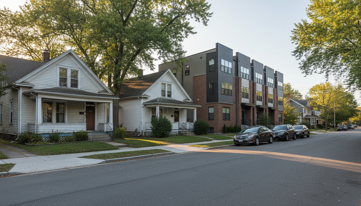 Street-level view of a quiet neighborhood with a mix of older homes and new townhomes
