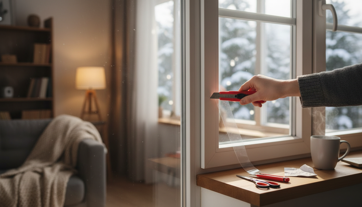Close-up view of a hand sealing a drafty window in winter