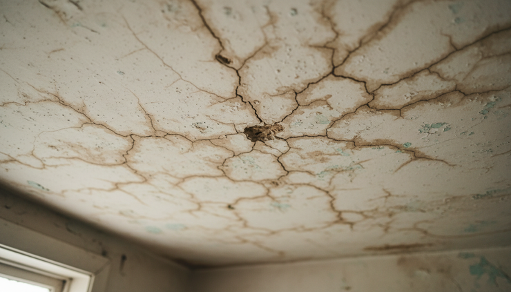 Close-up view of a water-stained ceiling below an old roof leak.