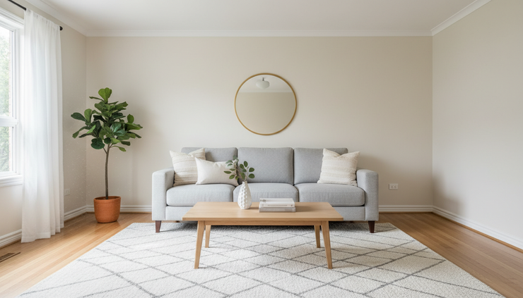 Eye-level view of a freshly painted living room with neutral walls and simple furniture