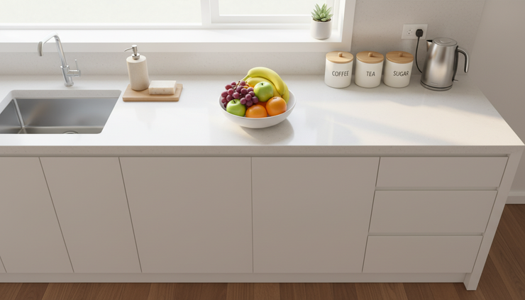 Overhead view of a clean kitchen counter with one bowl of fruit and neatly stored essentials.