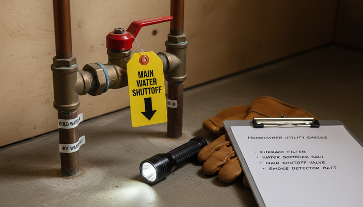 Close-up view of a labeled main water shutoff valve in a basement utility area.