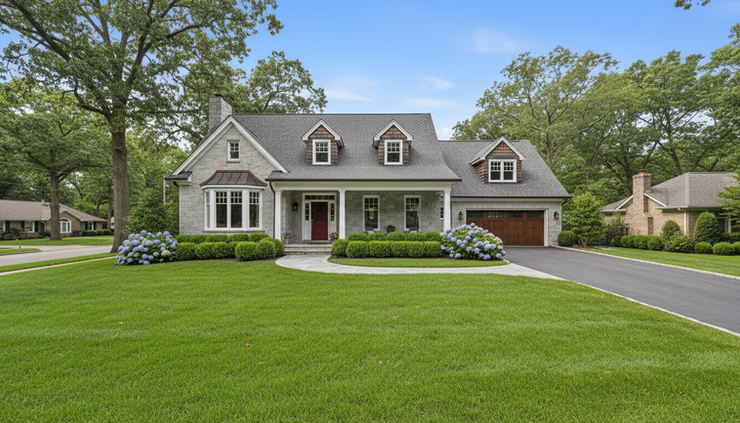 Wide-angle view of a tidy home exterior on a sunny street.