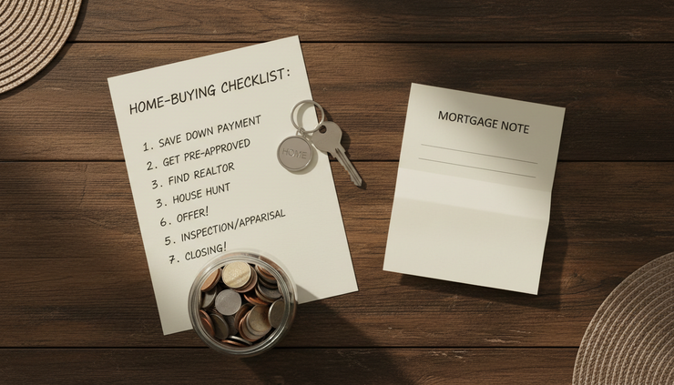 Overhead view of house keys beside a handwritten checklist and savings jar