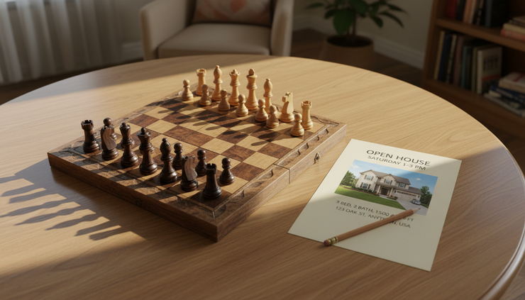 Overhead view of a chessboard next to a printed home listing and pencil.