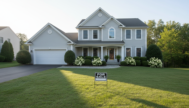 Wide-angle view of a house with a for-sale sign in the front yard.