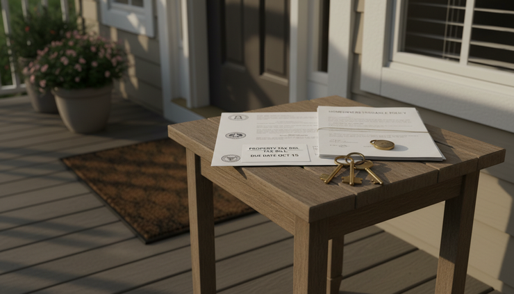 Eye-level view of a suburban home with a tax bill and insurance papers on the porch table.