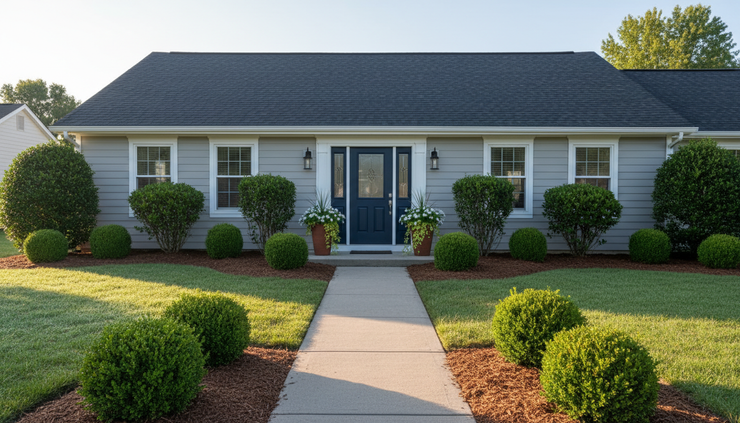 Eye-level view of a small front yard with fresh mulch and trimmed shrubs