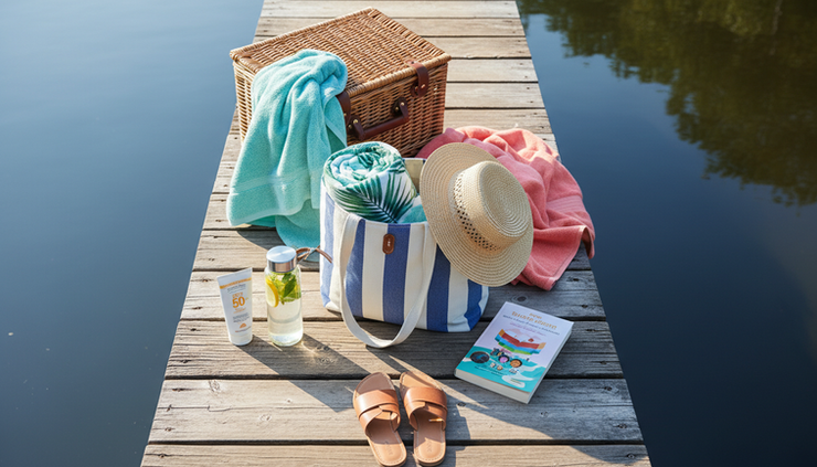 Overhead view of a packed weekend lake bag on a wooden dock.