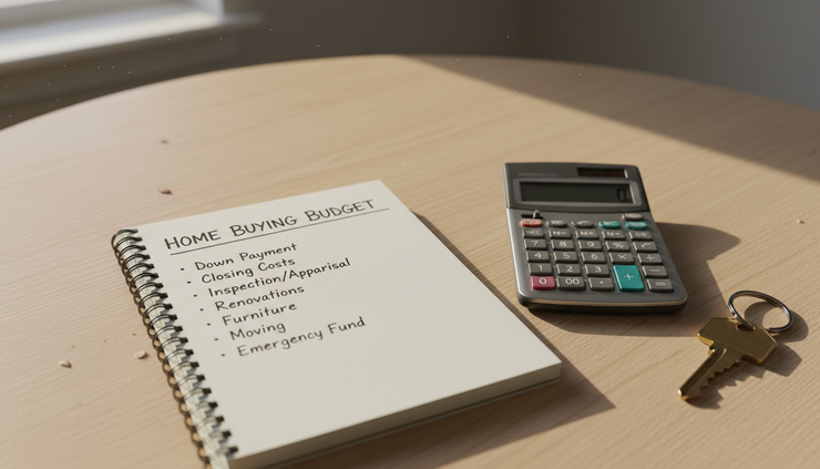 Close-up view of a notebook with home budget notes and a calculator.