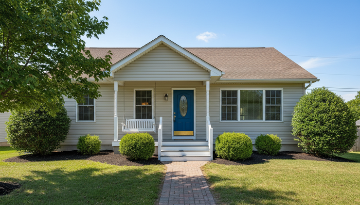 Wide-angle view of a tidy house exterior with a clean walkway and fresh landscaping.