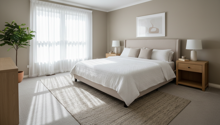 Corner view of a bedroom with simple staging and soft bedding.