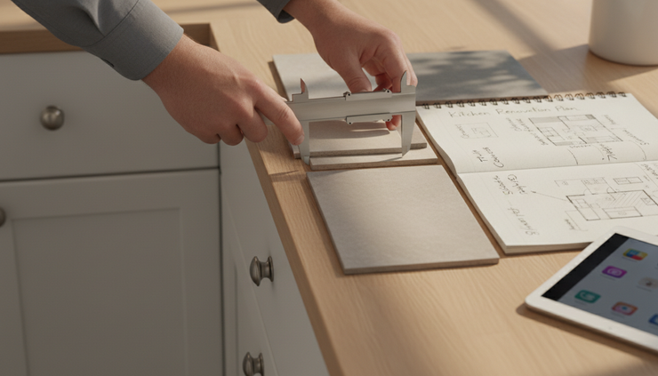 Close-up view of a homeowner measuring tile samples beside a kitchen cabinet