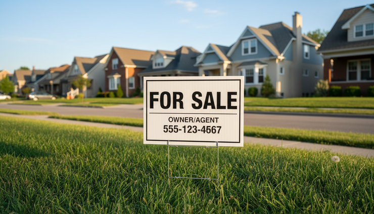 Close-up view of a for-sale sign in front of a row of homes.