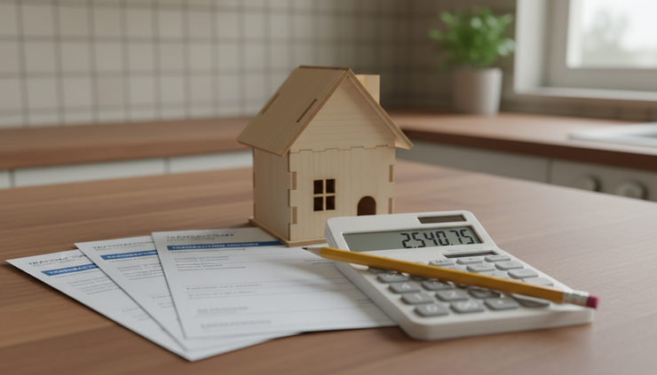 Close-up view of a calculator beside bank statements and a small model house