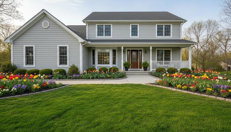 Wide-angle view of a welcoming home exterior in spring sunlight.