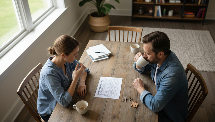 Overhead view of a couple reviewing house keys and a budget worksheet at a dining table.