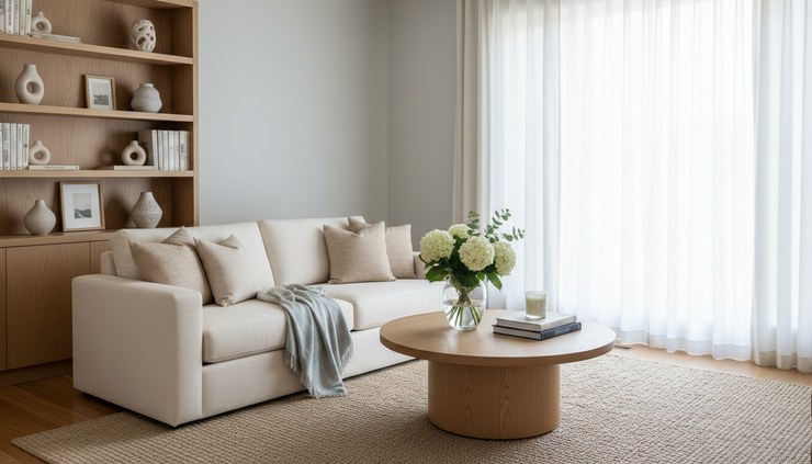 Eye-level view of a living room prepared for a home showing