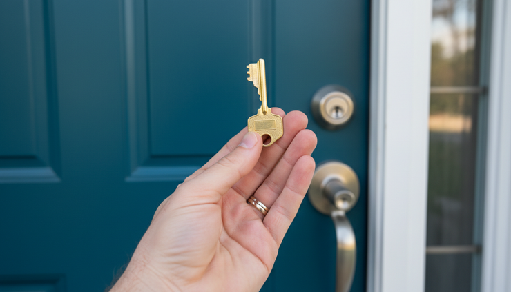 Close-up view of a hand holding a house key near a front door
