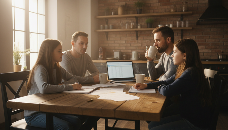 Eye-level view of a family reviewing home budget papers at a kitchen table.