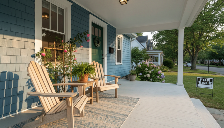Wide-angle view of a front porch with a for-sale sign and two chairs