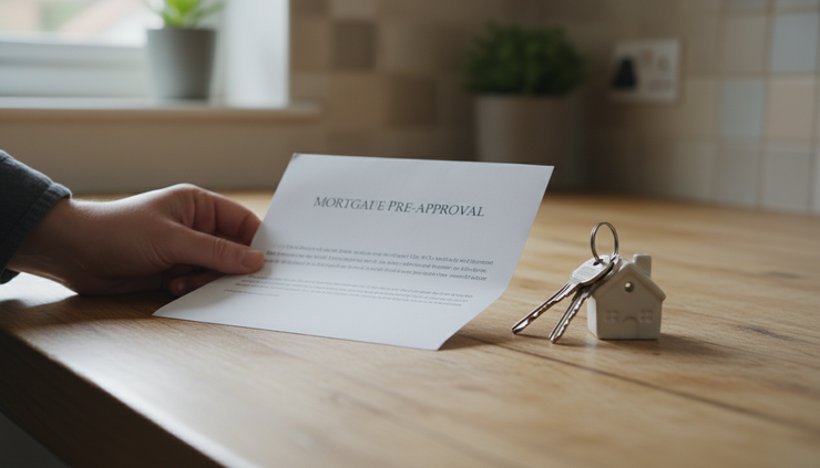 Close-up view of a hand holding a mortgage pre-approval letter near house keys