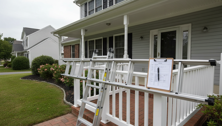Eye-level view of a home inspection ladder beside a front porch
