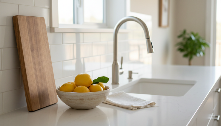 Close-up view of a clean kitchen counter with simple decor