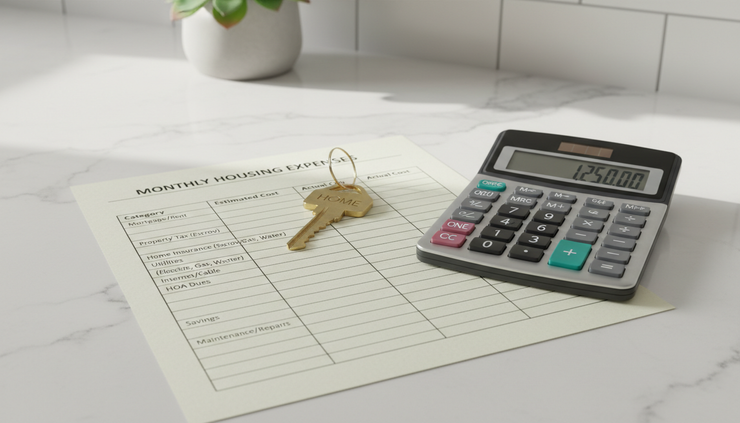 Close-up view of a monthly housing budget worksheet beside a home key on a kitchen counter.