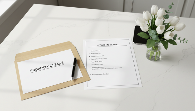 Top-down view of a property information sheet placed on a kitchen counter