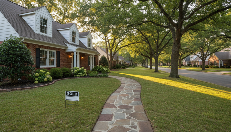 Wide-angle view of a front yard with a sold sign near a walkway to a single-family home