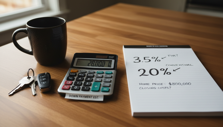 Close-up view of a calculator showing a home down payment estimate beside handwritten notes