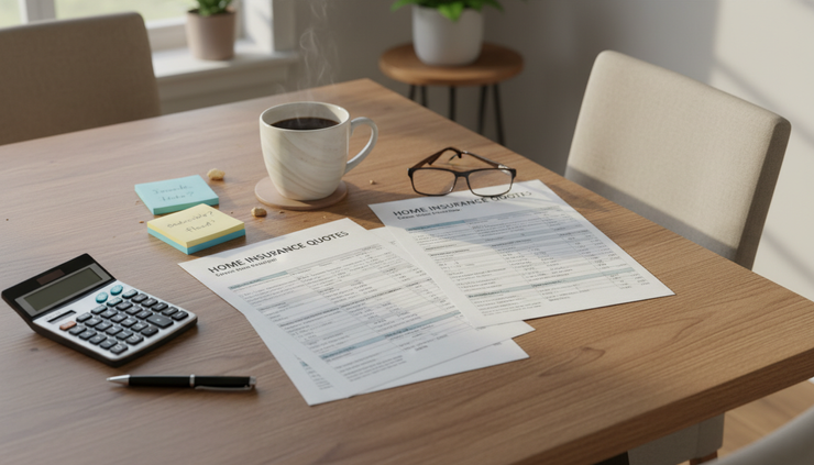 Overhead view of printed home insurance quotes, a calculator, and a mug on a dining table