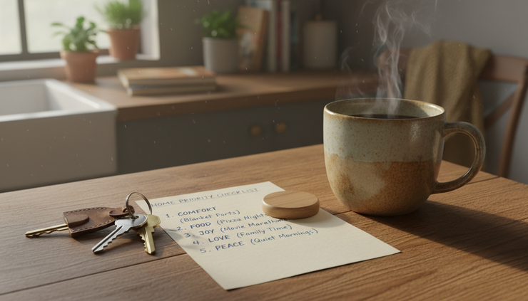 Close-up view of house keys beside a handwritten home priority checklist