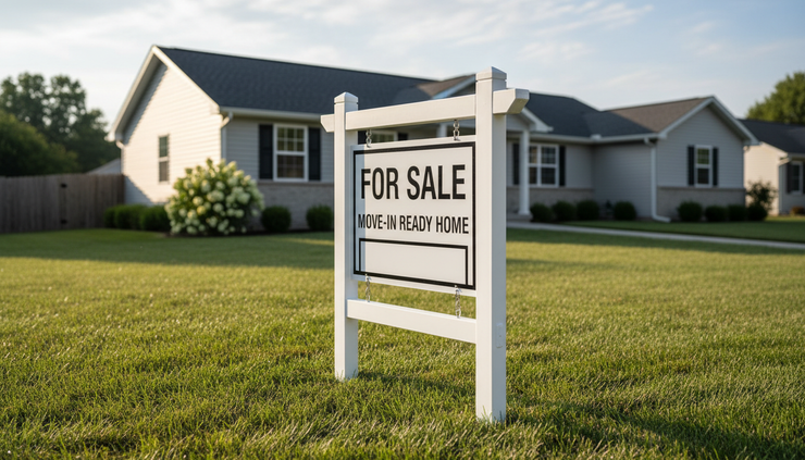 Close-up view of a for-sale sign in front of a modest single-family home