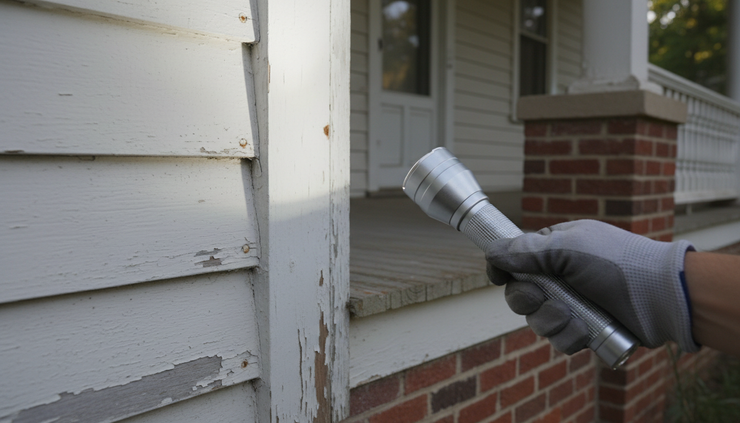 Close-up view of a home inspector checking an older house exterior near a front porch.