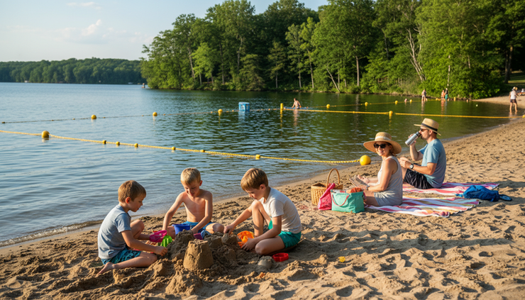 Eye-level view of children building sandcastles near a roped swim area at an Indiana lake