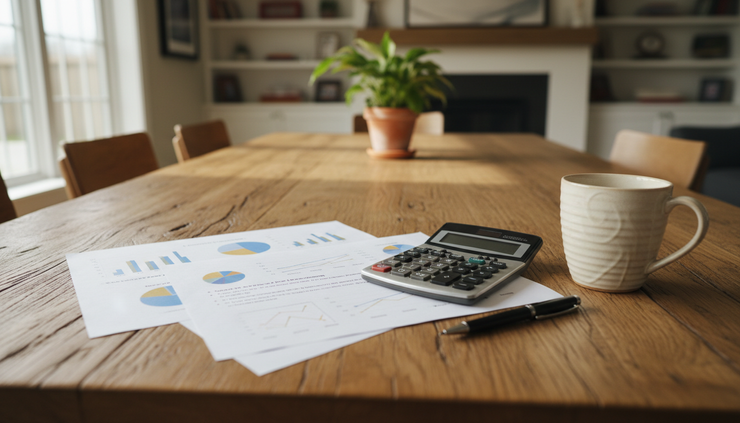 Eye-level view of a dining table with printed home comparison sheets and a calculator