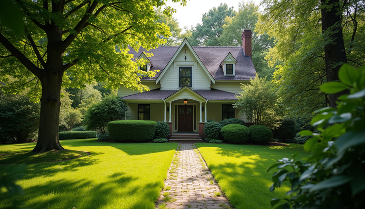 High angle view of a charming older home with mature trees and a well-established yard