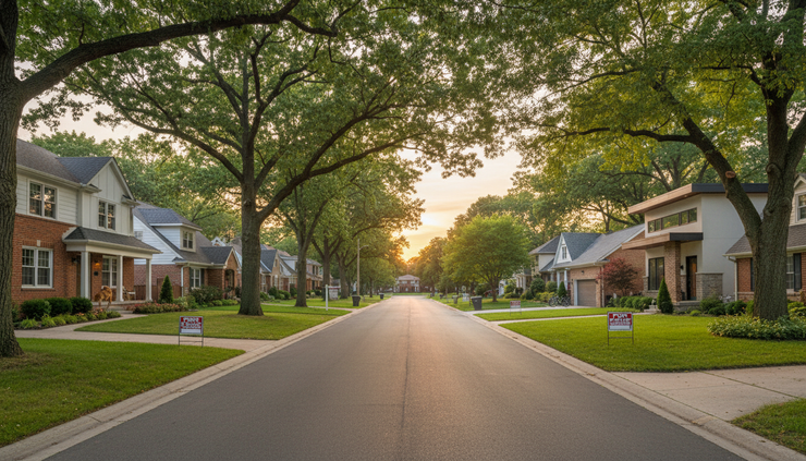 Wide-angle view of a quiet residential street with several different homes and mature trees