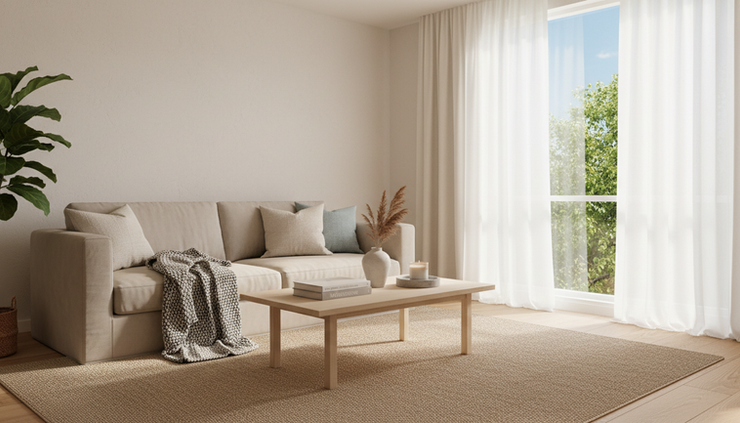 Wide-angle view of a bright living room prepared for home photos