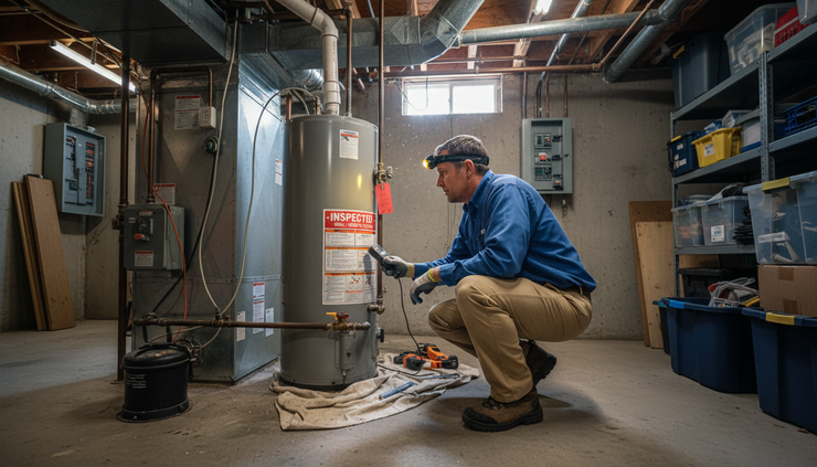 Wide-angle view of a home inspector checking a water heater in a basement.