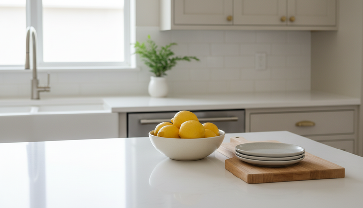 Close-up view of a tidy kitchen counter with a bowl of lemons and minimal decor
