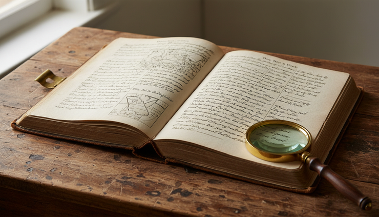 Close-up of an old property record book open on a wooden counter.
