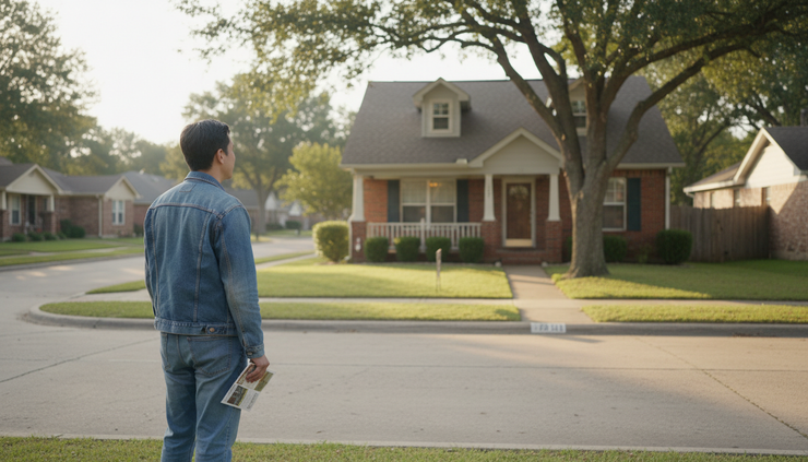 Eye-level view of a first-time buyer standing on a sidewalk in front of a quiet neighborhood home