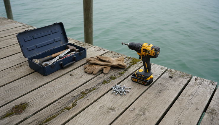 Close-up view of weathered dock boards with a toolbox and work gloves beside the water.