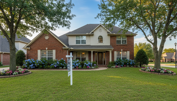 Wide-angle view of a house with a for-sale sign in the front yard