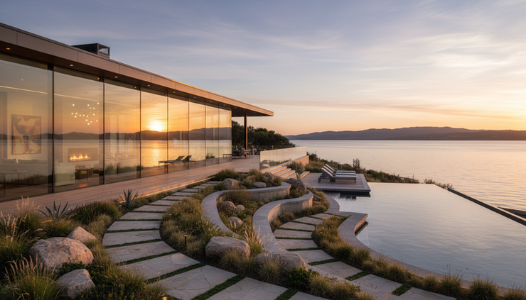 Wide-angle view of a modern luxury home facing the water.